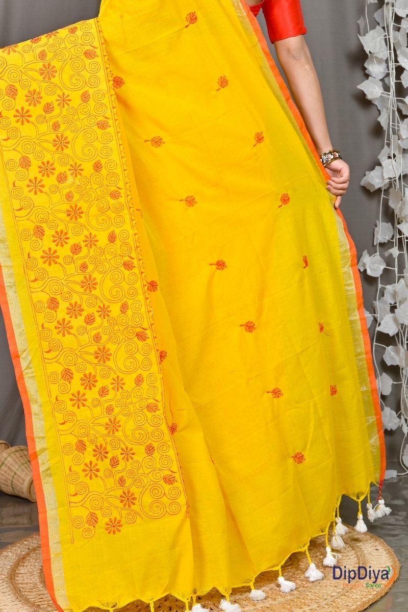 Yellow Cotton Blended Paru Hand Loom Saree (517)